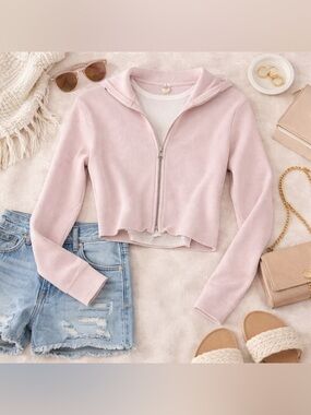 Brandy Melville J. Galt Ribbed Zip Up Hoodie Blush Pink Cropped Fitted